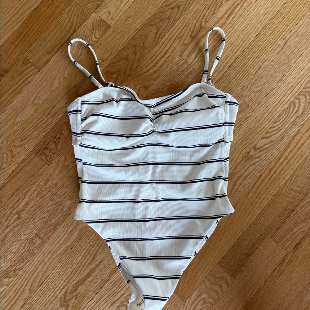 Shade & Shore Cream One-Piece Swimsuit with Navy Stripes